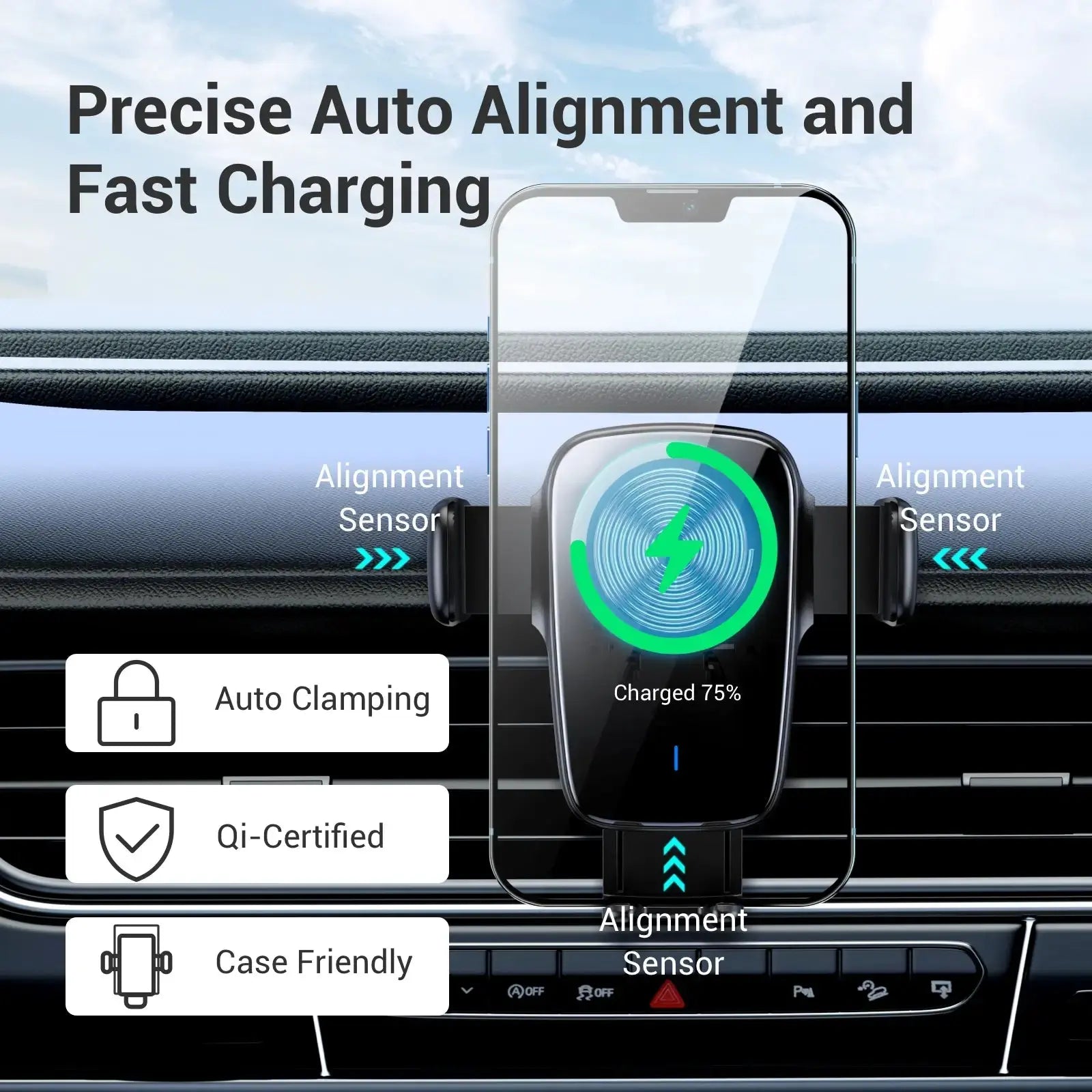 2-in-1 15W Auto Clamping Wireless Car Charger and Phone Holder